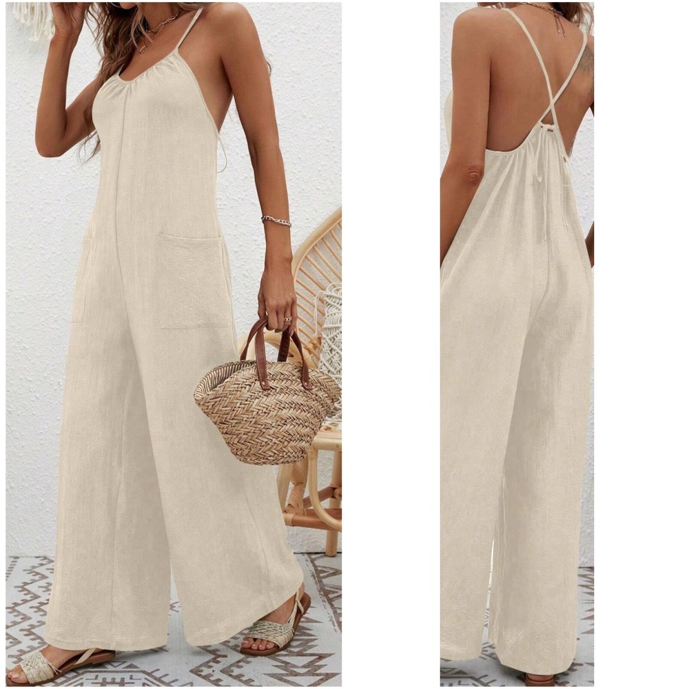 Solid Navy Blue Criss cross Tie Pockets Wide leg Jumpsuit - Picture 7 of 9